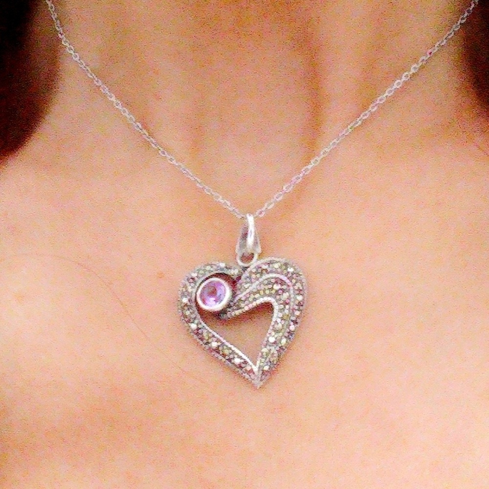 Vintage Designer Judith Jack Sterling Silver, Amethyst Marcasite Heart Neckl - Picture 2 of 8